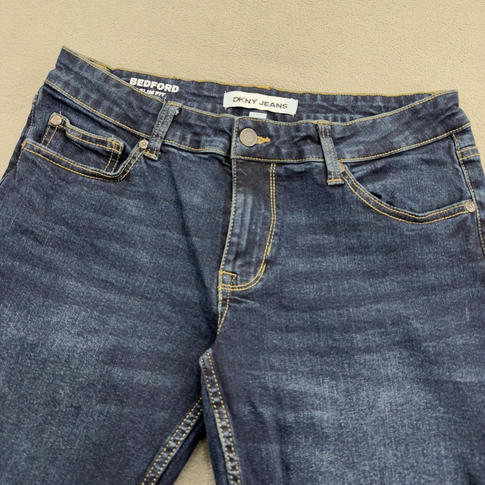DKNY Bedford Slim Jeans Mens 30x30 Blue Dark Wash 5 Pocket Stretch Whiskered